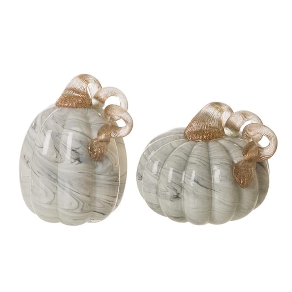Glitzhome 5.71 in. H Gray Marble Glass Pumpkin (Set of 2)