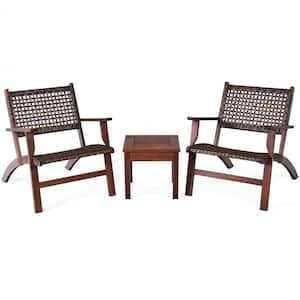 3-Piece Rattan Patio Chair and Table Set Outdoor Furniture Set with Wooden