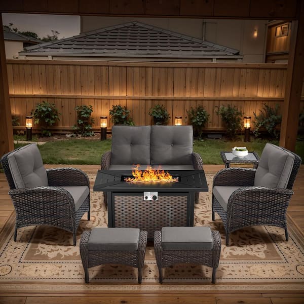 Opohoro Brown 7-Piece Wicker Patio Fire Pit Set, Outdoor Glider Seating Set with Olefin Gray Cushions and Ottoman