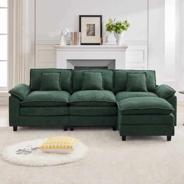 105.9 in. Chenille Fabric 4-Seat Pillow Top Arm L-Shaped Secitonal Sofa with Ottoman in Avocado Green