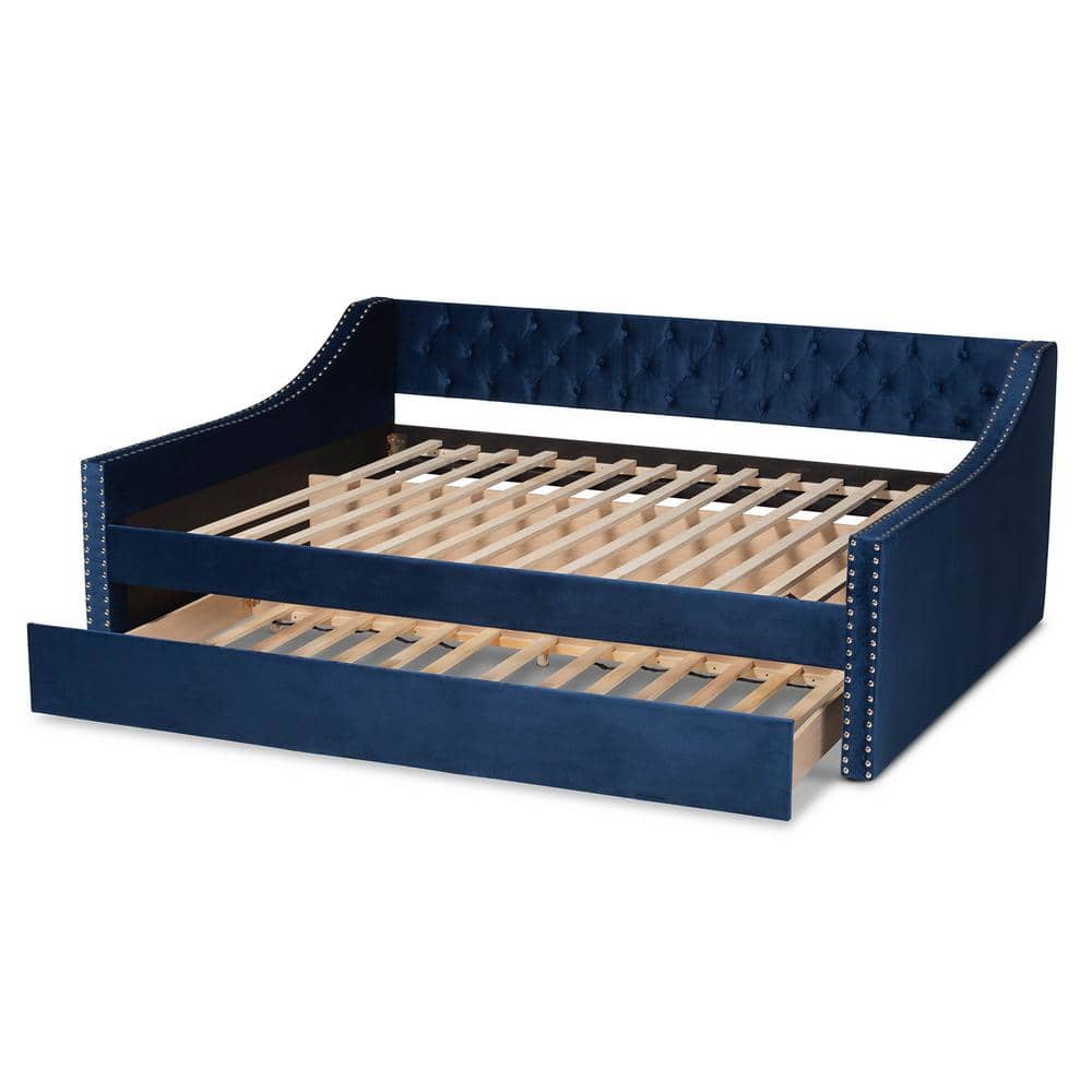 Navy Blue Velvet Queen Daybed with Nailhead Trim and Trundle