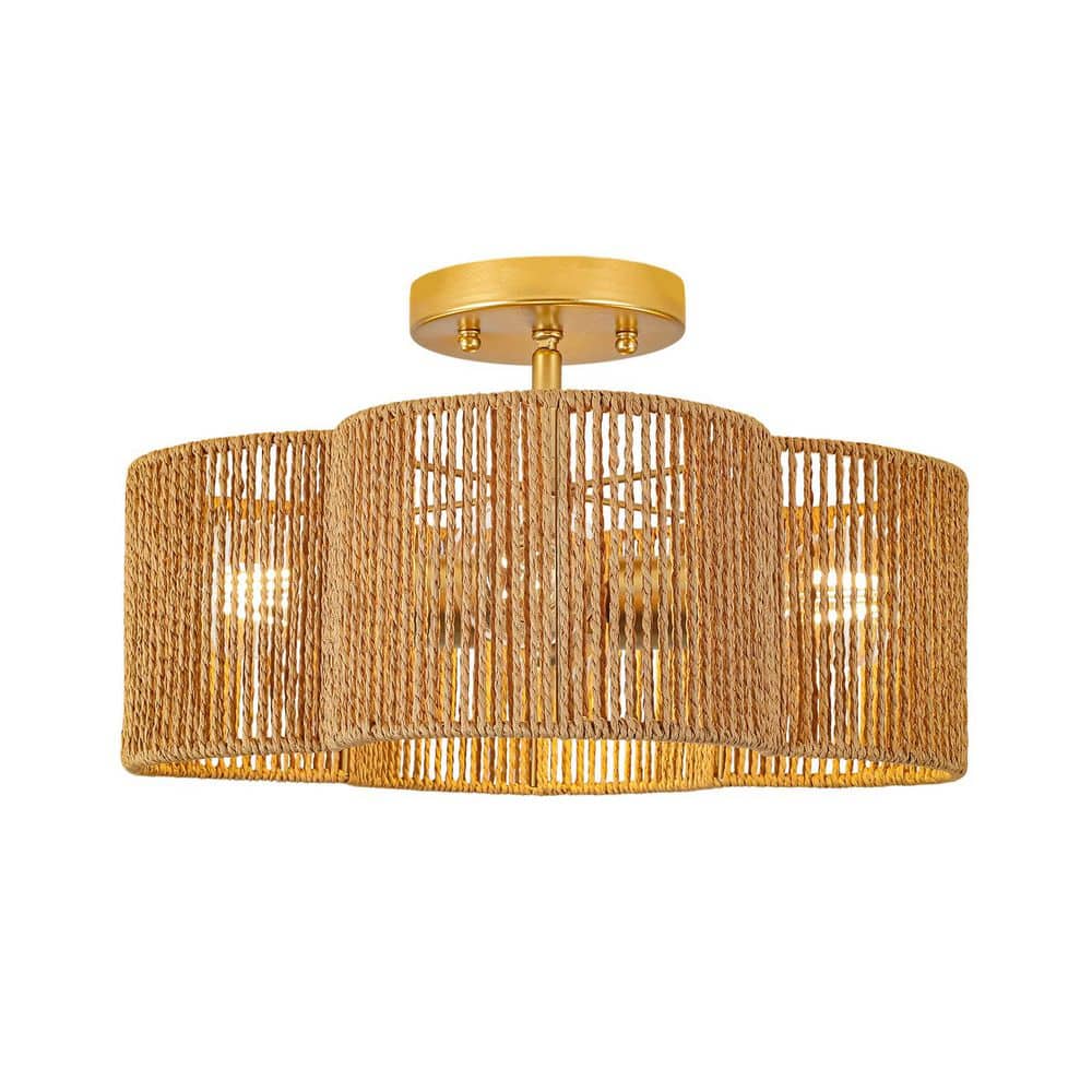 Artisan 13.8 in. 4-Light Brushed Gold Farmhouse Rattan Semi-Flush Mount Handwoven Rope Petal Shade for Living Room Foyer price history on PriceWatchPro