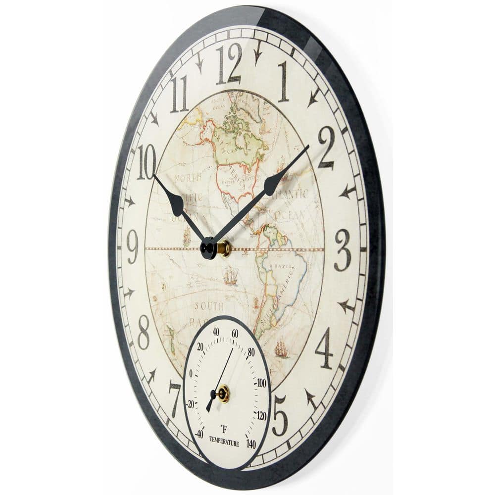 Black Vintage-Style World Map 14" Indoor/Outdoor Wall Clock