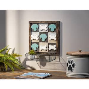 13.38 in. H Wooden Wall Hanging Dog Themed Tic-Tac-Toe Board with Metal Basket