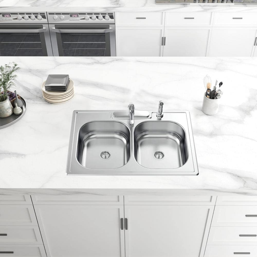 33'' Brushed Stainless Steel Double Bowl Kitchen Sink with Faucet