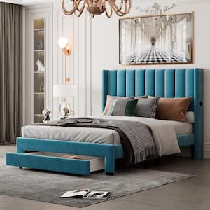 Blue Wood Frame Velvet Upholstered Queen Size Platform Bed with a Big Drawer and 2-Small Pockets