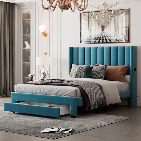 Harper & Bright Designs Blue Wood Frame Velvet Upholstered Queen Size Platform Bed with a Big Drawer and 2-Small Pockets