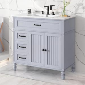 Yvenith 36 in. Modern Bathroom Gray Bath Vanity with White Ceramic Top Sink, Cabinet, Drawers