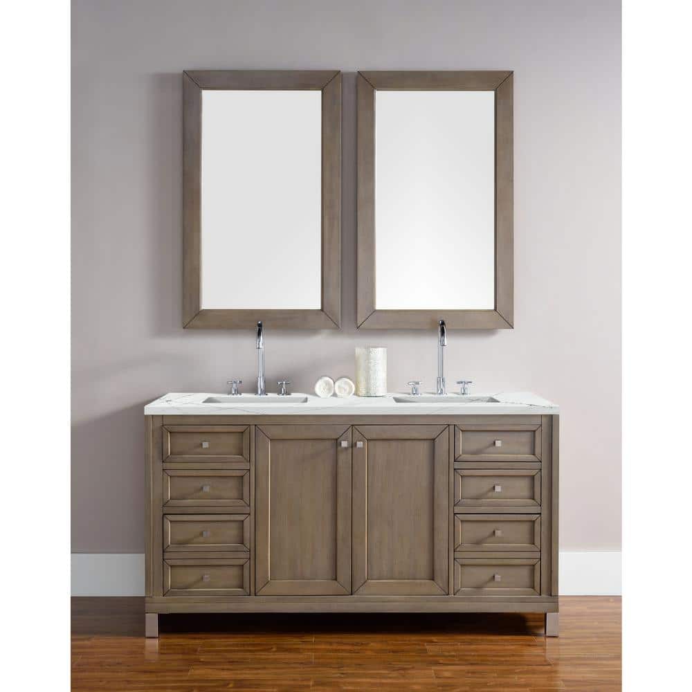 Walnut Whitewashed 60" Double Sink Vanity with Solid Surface Top