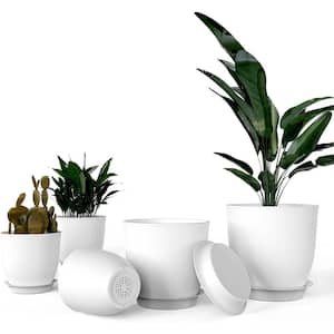 White Indoor/Outdoor Plastic Planter Pots with Drainage Holes and Tray (5-Pack)