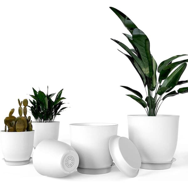 Cesicia White Indoor/Outdoor Plastic Planter Pots with Drainage Holes and Tray (5-Pack)