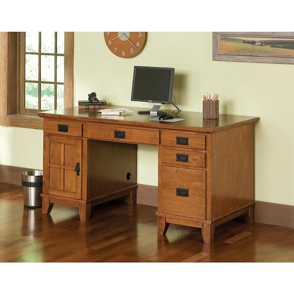 Arts and Crafts 58 in. Rectangular Oak 5-Drawer Computer Desk