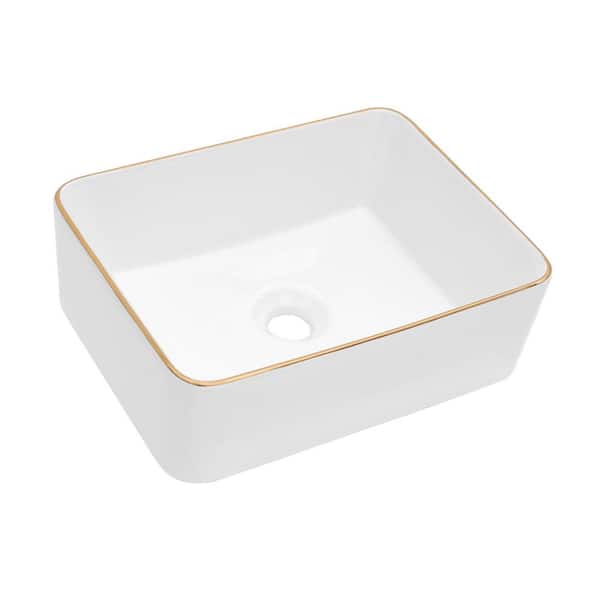 Tatahance 16 in . Rectangular Vessel Bathroom Sink in White Ceramic with Gold Rim