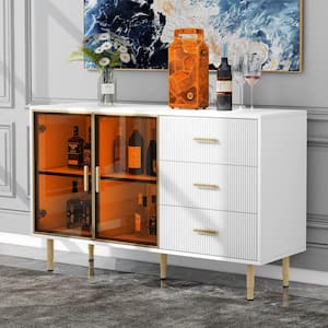 White Wood 60 in. Buffet Cabinet with 3-Drawers, Amber Tempered Glass Doors and Marble Sticker Tabletop
