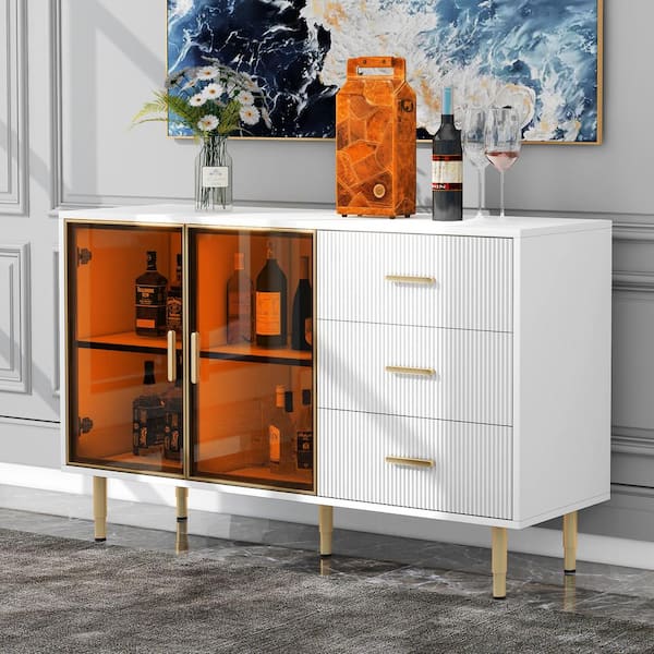 Harper & Bright Designs White Wood 60 in. Buffet Cabinet with 3-Drawers, Amber Tempered Glass Doors and Marble Sticker Tabletop