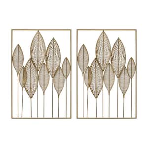 Set of 2 Metal Wall Panel with Leaf Motif in Gold Finish