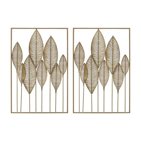 Stratton Home Decor Set of 2 Metal Wall Panel with Leaf Motif in Gold Finish