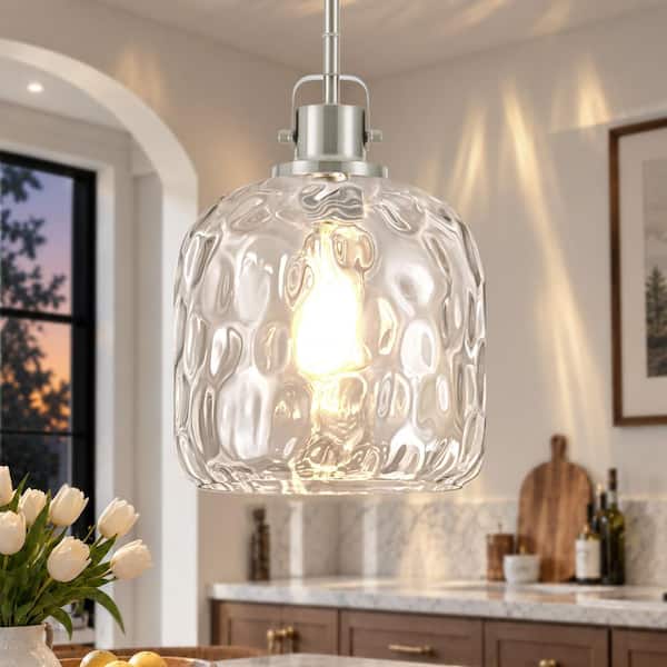Jasslynn 1-Light 9 in. Modern Brushed Nickel Pendant Lighting with Hammered Glass for Kitchen Island Over Sink Bedroom