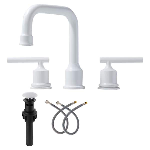 AVITAS 8 in. Widespread 3 Hole Lead-Free Double Handle Bathroom Faucet with Pop-up Drain and Supply Lines in White