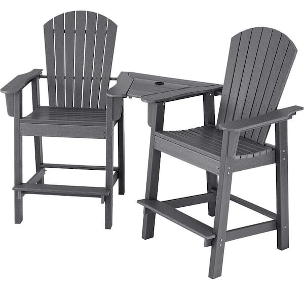 WELLFOR Gray HDPE Adirondack Chair with Middle Connecting Tray (Set of 2)