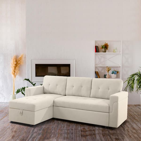 HOMESTOCK 78 in W Reversible Velvet Sleeper Sectional Sofa Storage Chaise Pull Out Convertible Sofa in. Cream