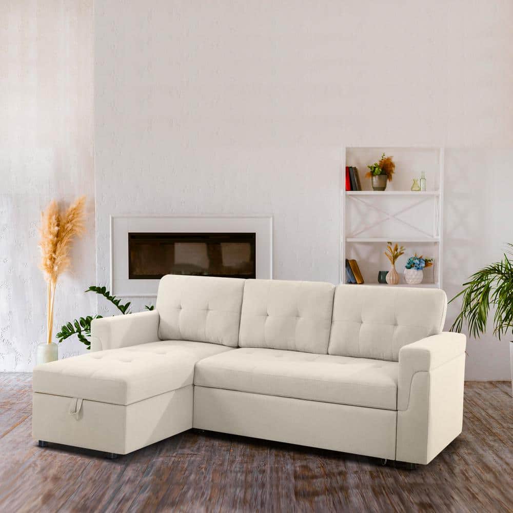 HOMESTOCK 84.64 in. Velvet L-Shaped Sleeper Sectional Sofa with Square Arms in. Cream, Reversible Chaise, and Pull-out Sofa Bed