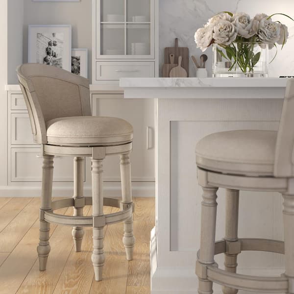 Emily 31 in. Grey Wood Barrel-Back Swivel Bar Stool with Upholstered Linen Seat and Back