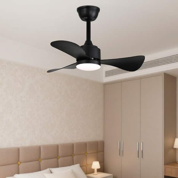 28 in. Black Modern Downrod Mount Ceiling Fan with Light, 3 ABS Blades, 3-Color LED, Reversible DC Motor for Bedroom