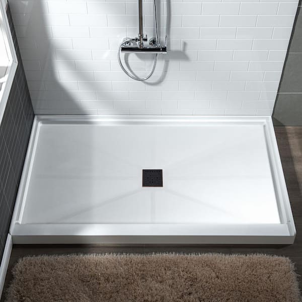WOODBRIDGE Krasik 60 in. L x 32 in. W Alcove Solid Surface Shower Pan Base with Center Drain in White with Oil Rubbed Bronze Cover