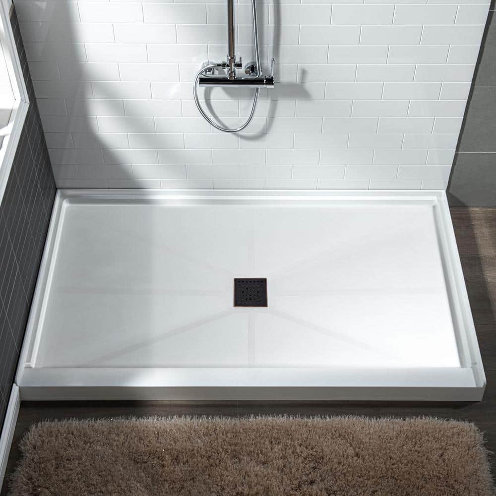 60" x 36" White Solid Surface Rectangular Shower Pan Base with Oil-Rubbed Bronze Drain Cover