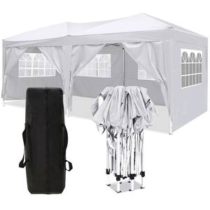 10 ft. x 20 ft. White Pop Up Canopy Portable Tent with 6-Removable Sidewalls, Carry Bag, 4-Pieces Weight Bag