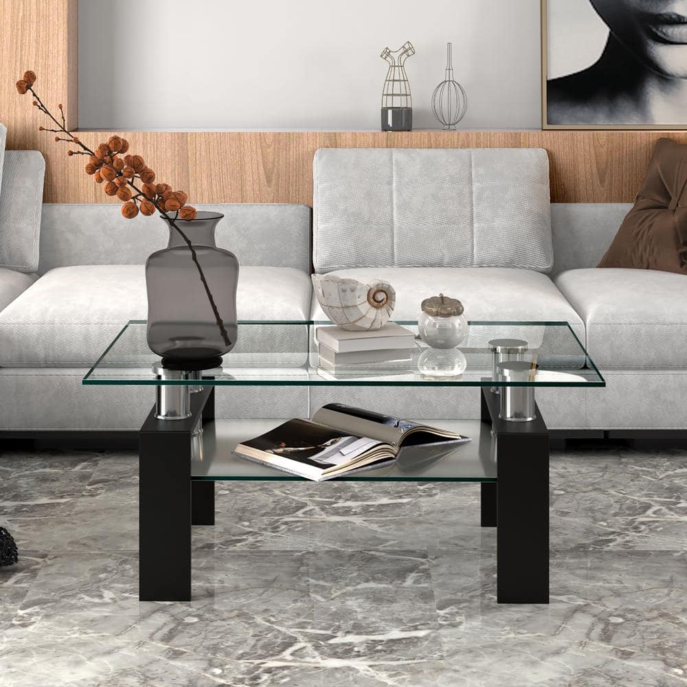 Modern Rectangular Glass Coffee Table with Black Metal Legs