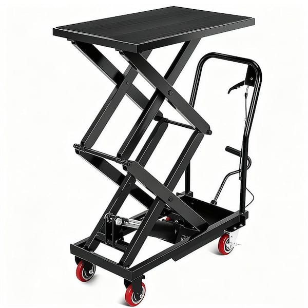 Hydraulic Double Scissor Lift Table Cart with Adjustable Height, Non-Slip Surface, Lockable Wheels, Workshop, Warehouse