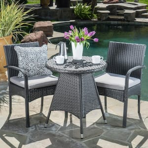 Gray 3-Piece Faux Rattan Round Outdoor Patio Bistro Set with Gray Cushions