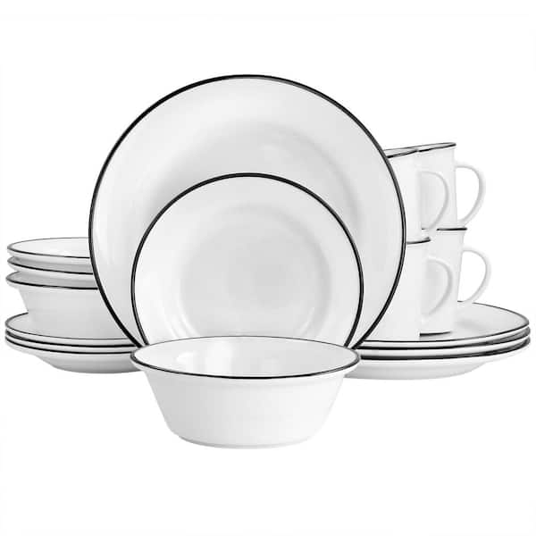MARTHA STEWART 16-Piece Black Rimmed Fine Ceramic Dinnerware Set