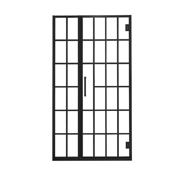 34 in. W x 72 in. H Pivot Semi Frameless Shower Door/Enclosure in Matte Black with Clear Grid Glass