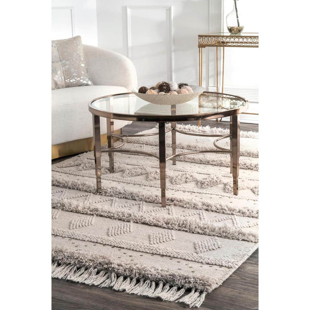 Ivory Hand-Tufted Wool Square Area Rug with Fringe