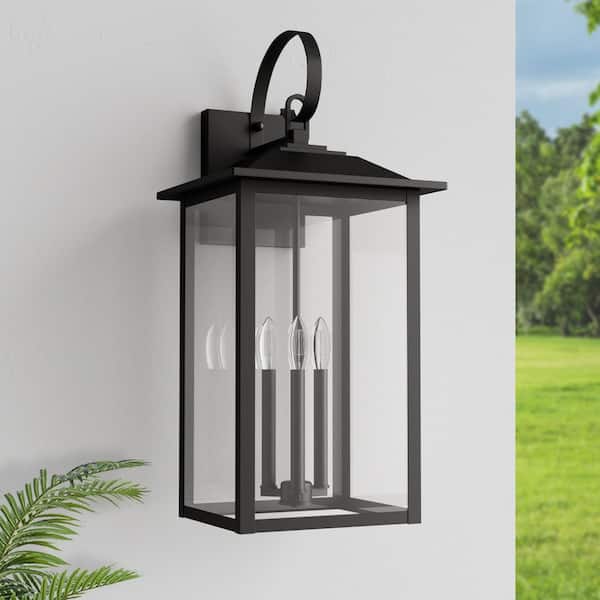 Hawaii 25 in. 3-Light Black Dusk to Dawn Outdoor Hardwired Wall Lantern Scone with No Bulbs Included