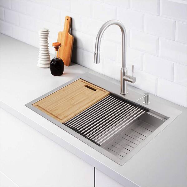 Glacier Bay All-in-One 18 Gauge Stainless 27 in. Single Bowl R0 Workstation Kitchen Sink Faucet and Accessories-4307F-1 - The Home Depot