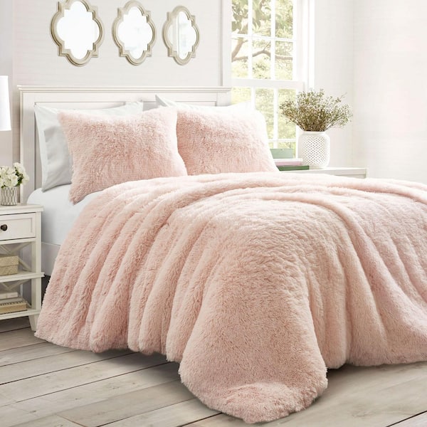 Emma Faux Fur 3 Pieces Blush Solid Microfiber Full/Queen Comforter Set