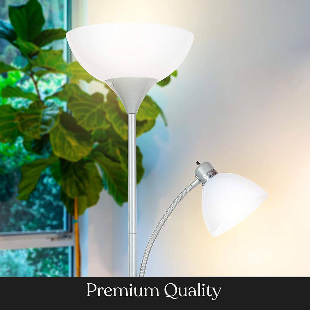 Platinum Silver Adjustable LED Torchiere Floor Lamp with Reading Light