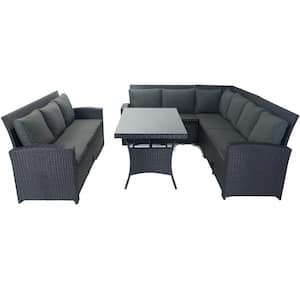 5-Piece Black Wicker Outdoor Sectional Set Conversation Set with 3 Storage Under Seat and Dark Gray Cushions 9 Seats