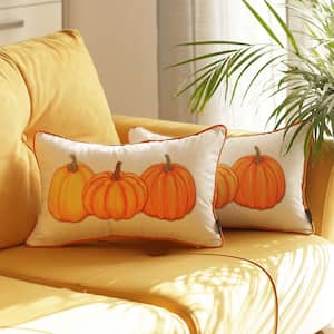 Fall Season White and Orange Decorative Pumpkins 12 in. x 20 in. Throw Pillow Lumbar Thanksgiving for Couch Set of 2