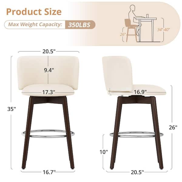 34.5 in. PTLK White Faux Leather 360° Swivel Solid Wood Frame Bar Stool Metal Footrest Counter Height Stool Set of 2