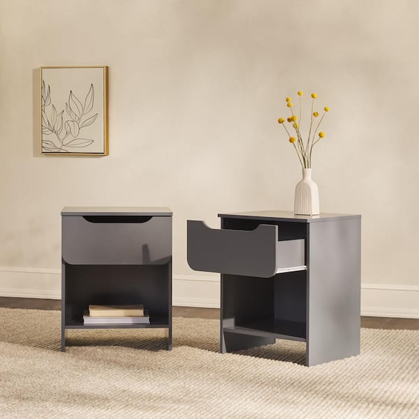 1-Drawer Dark Grey Modern Nightstand with Cubby, Set of 2