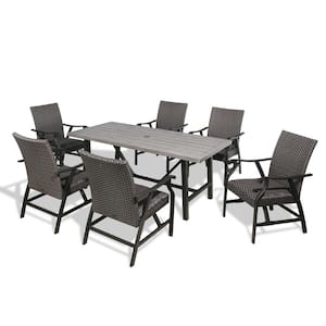 7-Piece Metal Outdoor Dining Set with Wicker Rocking Chairs and Slatted Table