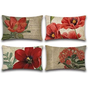 12 in. x 20 in. Outdoor Decorative Throw Pillow Covers, Vintage Red Flower Pattern Waterproof Cushion Covers (Set of 4)