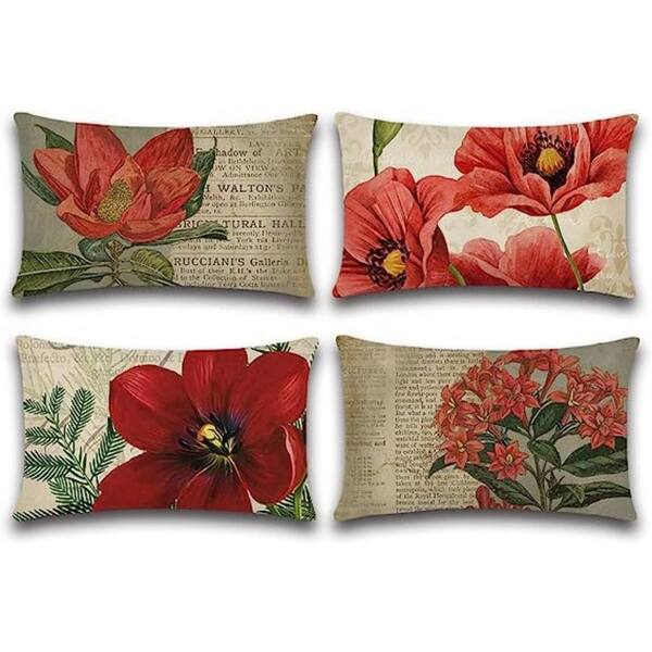 Unbranded 12 in. x 20 in. Outdoor Decorative Throw Pillow Covers, Vintage Red Flower Pattern Waterproof Cushion Covers (Set of 4)