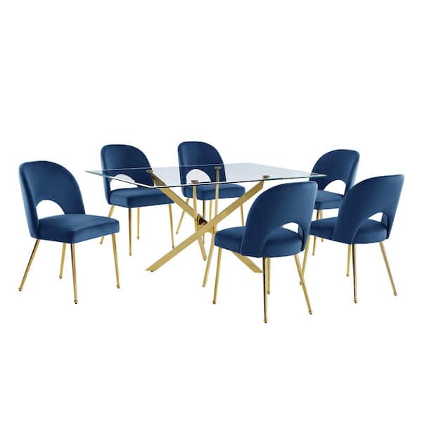 Best Quality Furniture Olly 7-Piece Tempered Glass Top Gold Cross Legs Base Dining Set Navy Blue Velvet Fabric Chairs Set Seats 4.