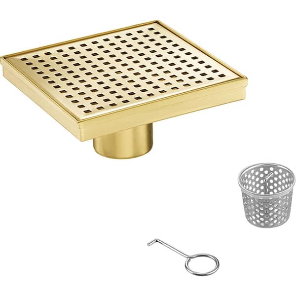 Elegante Drain Collection 4 in. Square Stainless Steel Shower Drain with Square Hole Pattern and Zirconium Gold Plating